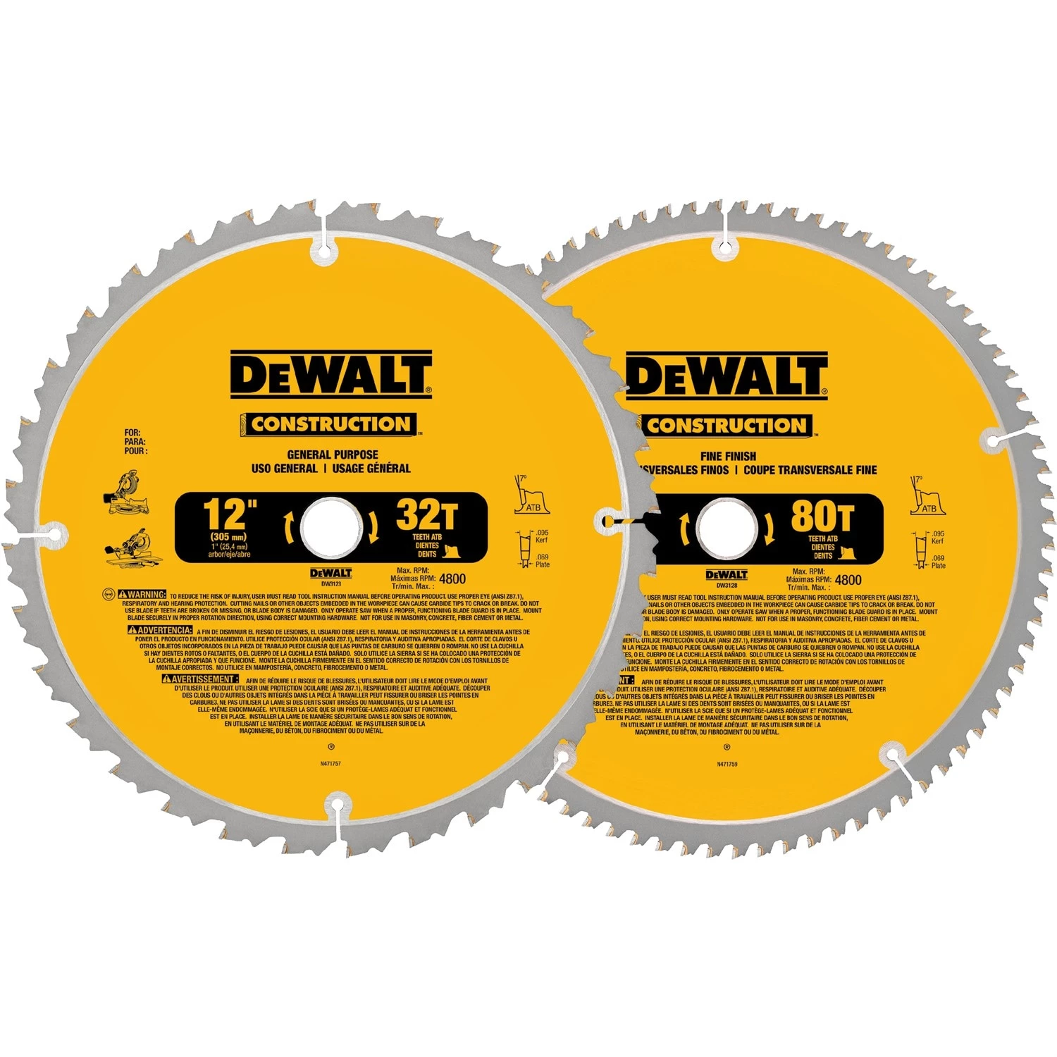Hot Sale 🎉 DEWALT Circular Saw Blades Construction 2-Pack 12-in 32 and 80-Tooth Carbide Miter/Table Saw Blade Set 🎁